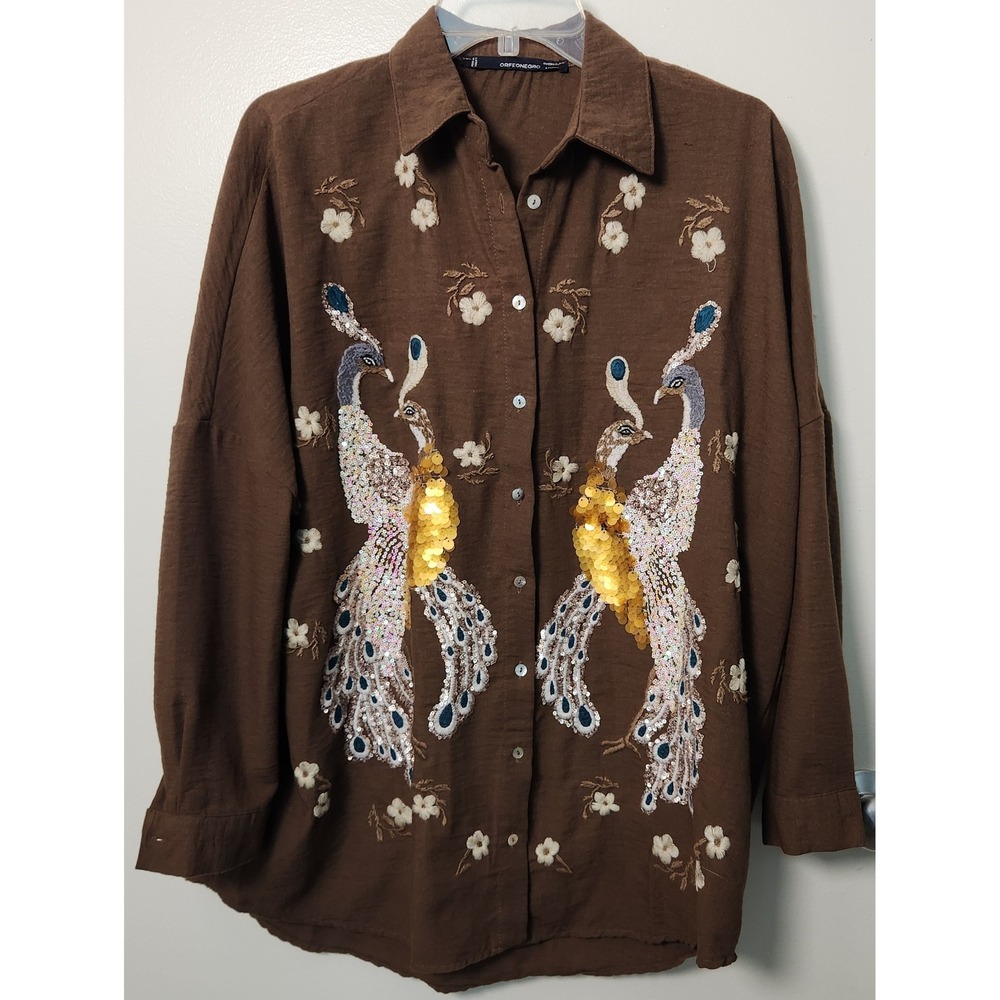 Orfeo Negro Embellished Peacock Sequin Embroidered LS Top L XL Art to Wear Artsy